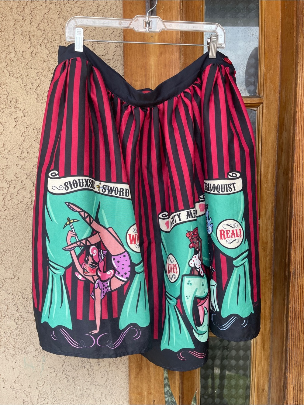 Striped Goth Side Show Graphic Circle Skirt in Red, Black & Teal Sz 3XL
